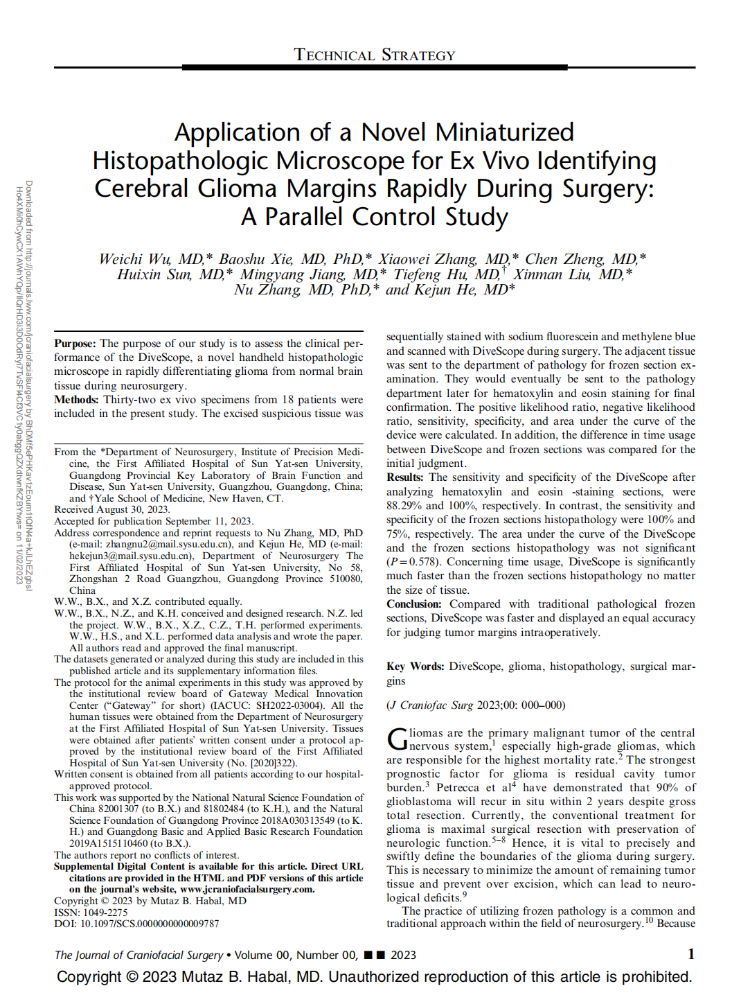 Application of a Novel Miniaturized Histopathologic Microscope for Ex Vivo Identifying Cerebral Glioma Margins Rapidly During Surgery: A Parallel Control Study(圖1)