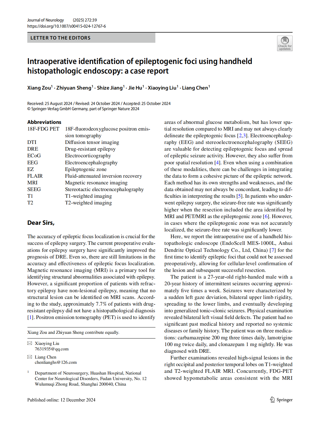 Intraoperative identifcation of epileptogenic foci using handheld  histopathologic endoscopy: a case report(圖1)